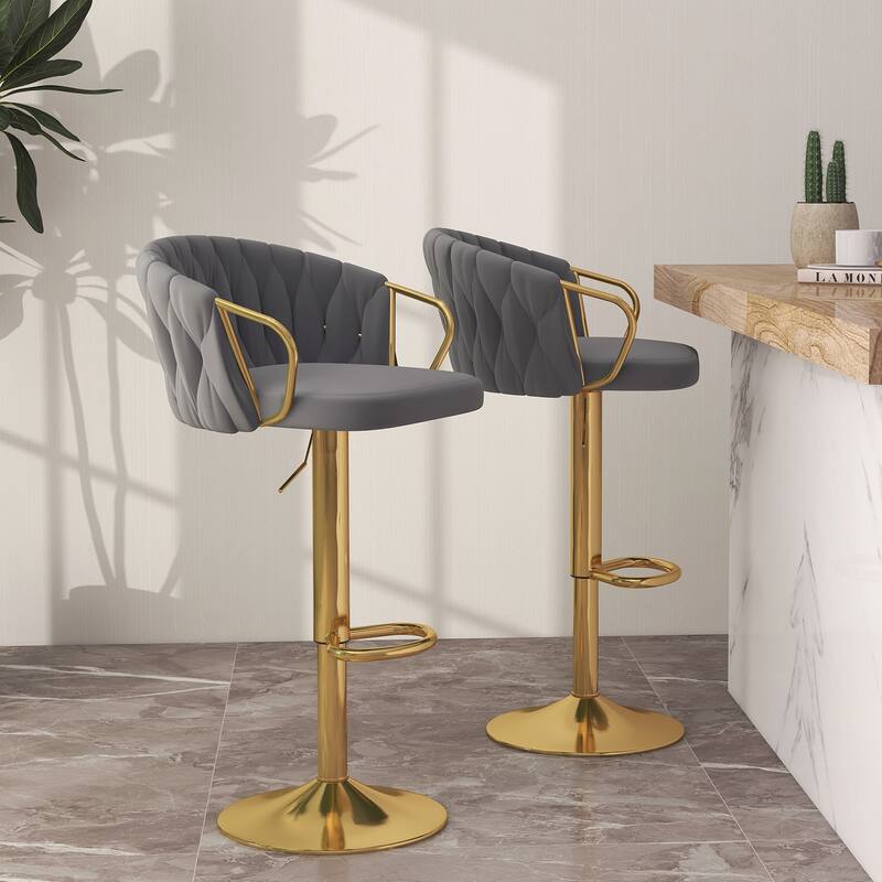 2 Set Counter Height Adjustable Velvet Bar Stools - Grey 2Set