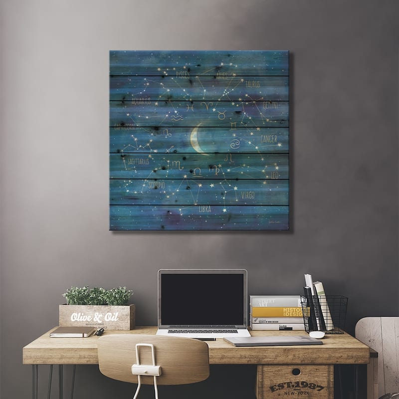 Star Sign With Moon Square Print On Wood by Cynthia Coulter - Multi-Color