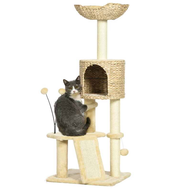 45" Cat Tree for Indoor Cats, Cat Tree Tower with Scratching Posts, Ramp, Condo, Toy Balls, Platforms, Bed, Ramp - Beige - Beige