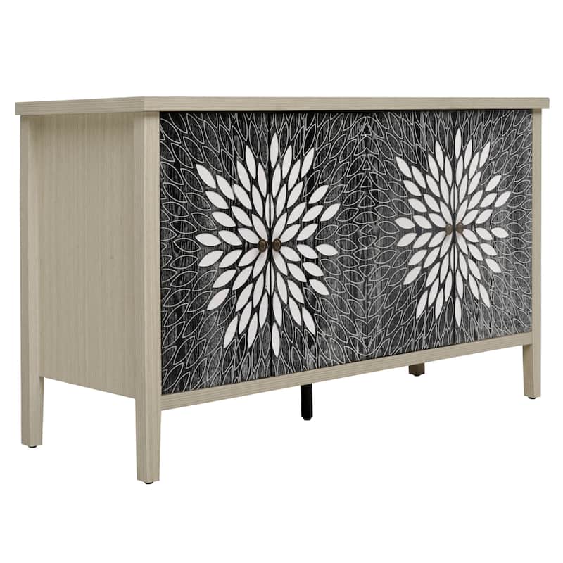 4 Door Carved Storage Cabinet, Multifunctional Wooden Sideboard Cabinet, Accent Cabinet with Adjustable Shelves & Support Feet