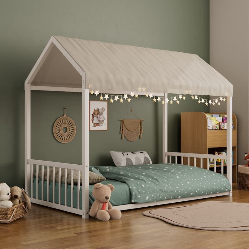 Montessori Style Metal Floor Bed Frame, House Shaped Bed for Kids and Toddlers, No Slats, House Bed