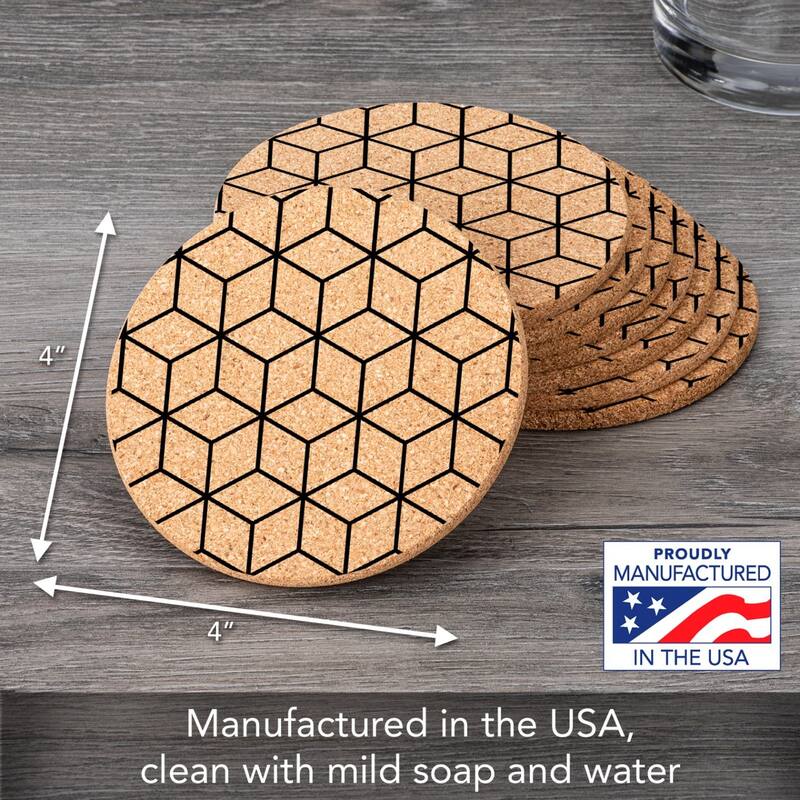 Geometric Cubes 4 Pack Absorbent Cork Coaster Made in The USA 4" Round
