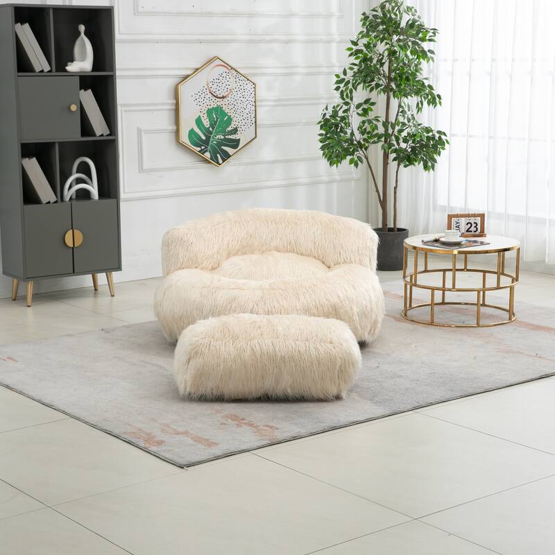 Fluffy Bean Bag Chair with Ottoman, Comfy Bean Bag Lounger for Adults and Kids, Ultra Soft Lazy Sofa Chair with Memory Foam