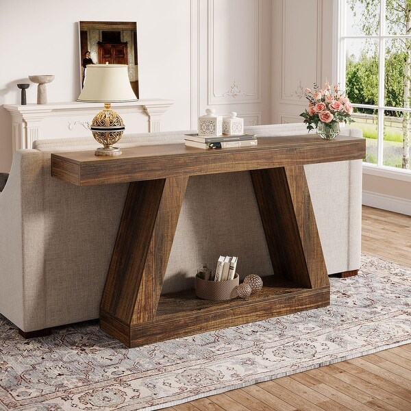 Waterproof 2-Tier Entryway Console Table, Farmhouse, Brown Wood