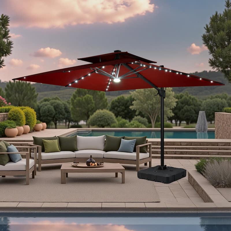 9 x 11 FT Outdoor LED Lighted Double Top Patio Cantilever Umbrella with Base - Red