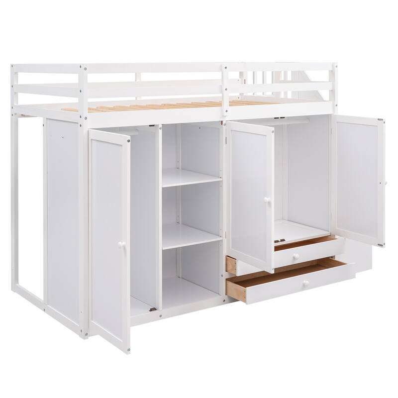 Twin Loft Bed with Wardrobes, Shelves, and Drawers, Space-Saving Design