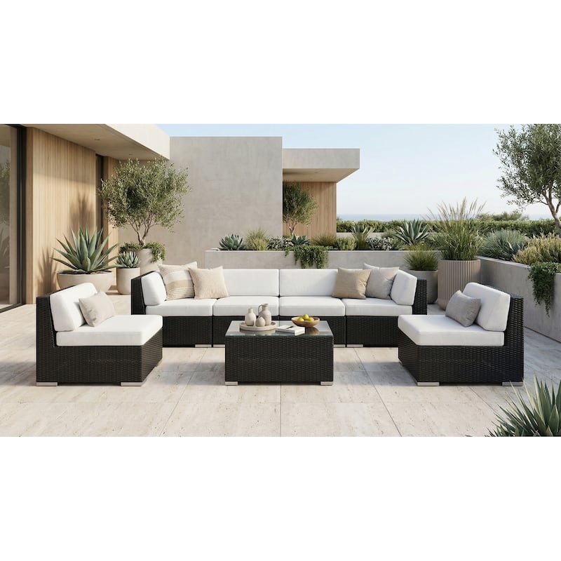 Ohana Outdoor 7-pc. Cushioned Black Wicker Conversation Set - No Assembly - Sunbrella Natural