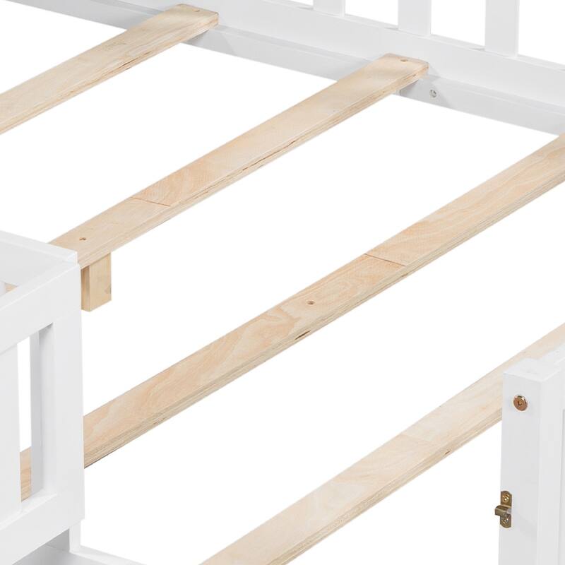 Full-size Montessori Floor Bed with Bookcases, Blackboards & Guardrails, Solid Wood Kids Platform Bed with Storage Headboard