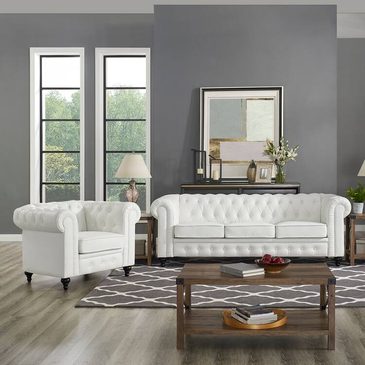 Chesterfield Modern Sofa & Accent Chair with Rolled Arms Tufted Cushions Sectional Sofa Couch for Small Spaces - White