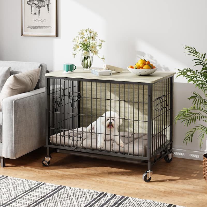 Dog Crate Furniture with Wheels, Indoor Kennel Table for Medium Dogs