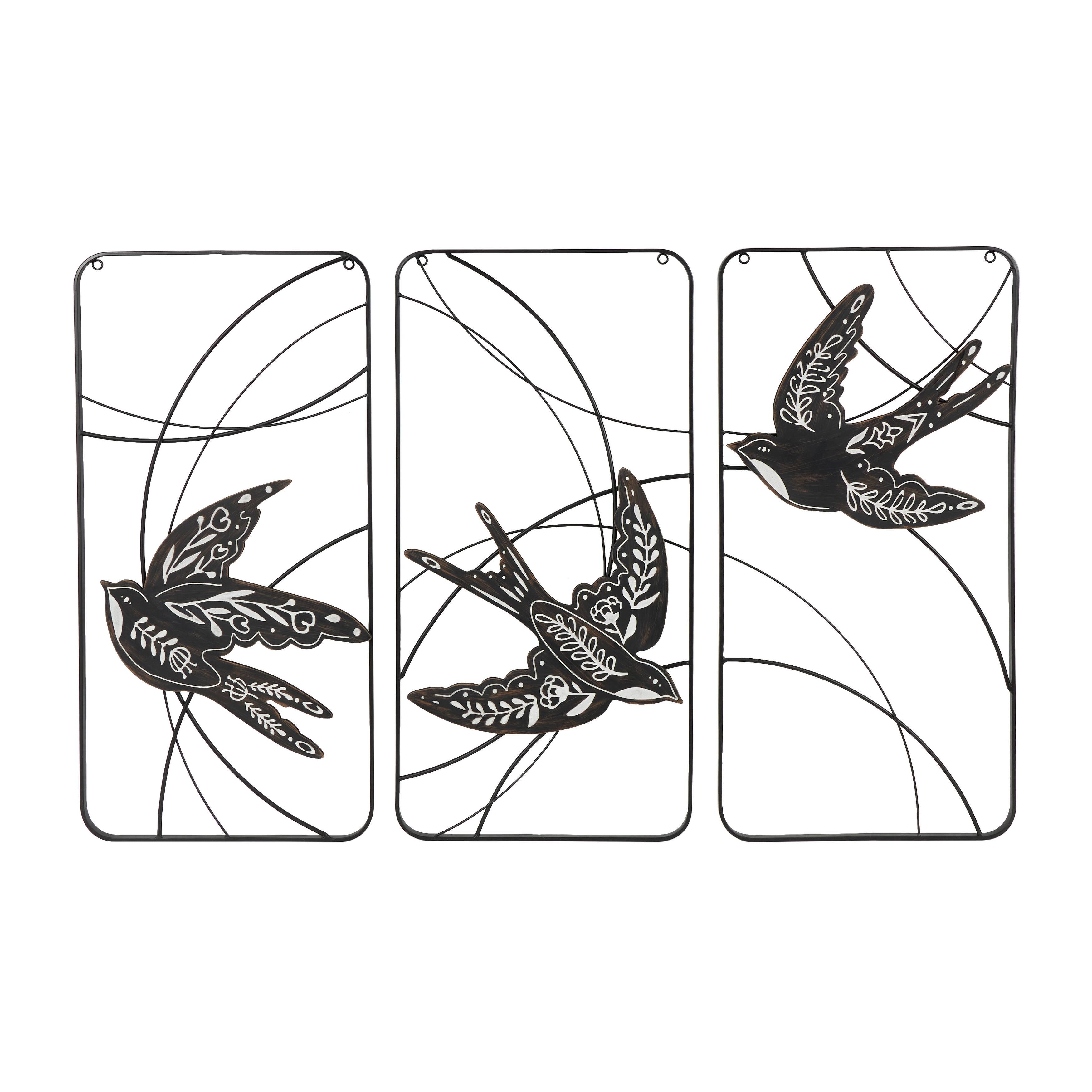 Black Metal Open Frame Wire Bird Wall Decor with White Floral Patterns