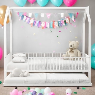 House-Shaped Metal Full Size House Bed with Semi-enclosed Fence and Twin Size Trundle