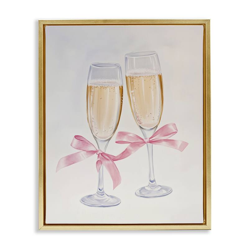 Stupell Chic Bow Champagne Glasses Framed Floater Canvas Wall Art Design By Arlington Prints - 17 x 21 - Gold