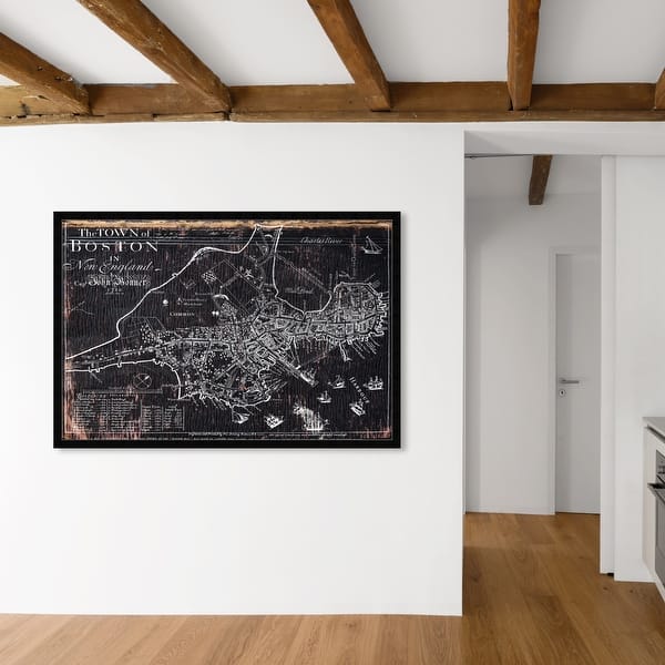 slide 1 of 21, Oliver Gal 'Town of Boston Map 1722' Maps and Flags Framed Wall Art Prints US Cities Maps - Black, White 45 x 30 - Black
