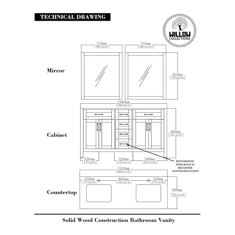 Willow Collections 60 in. W x 22 in. D Cambridge Double Sink Bathroom Vanity with Countertop