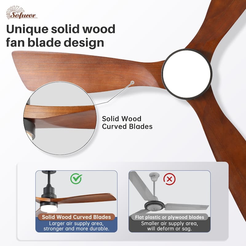 52" Solid Wood Noiseless 3-Blade Ceiling Fans with Dimmable LED Light Optional and Remote, 6-Speed Reversible DC Motor - Black and walnut wood/With Lights