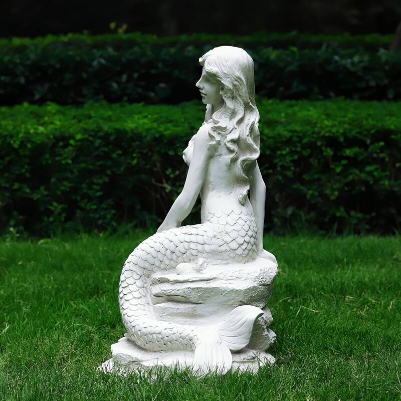 20"H Mermaid on Ocean Rock Garden Statue Resin Sculpture Large Mermaid Figurine Collectible Nautical Fairy Tale