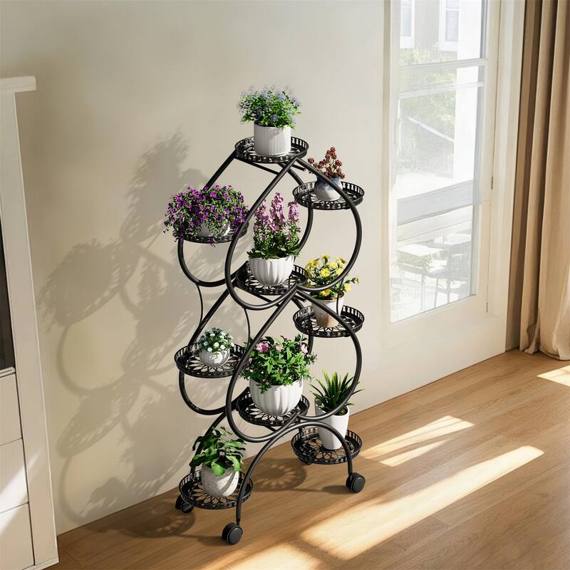 Large Double-heart Black Metal Plant Stand 9-Potted Flower Holder with Mobile Wheels Display Rack - 28.74x11.81x48.82 in