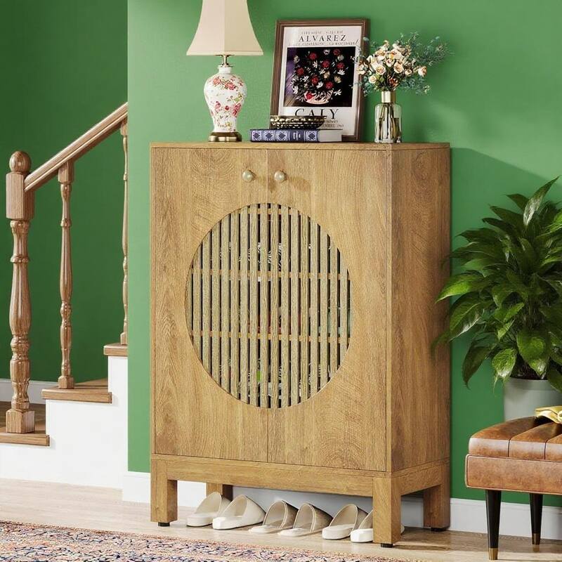 Natural 5-Tier Shoe Cabinet with Adjustable Shelves and Louver Doors for Entryway Storage - 28.74”L x 13.78”W x 39.76”H