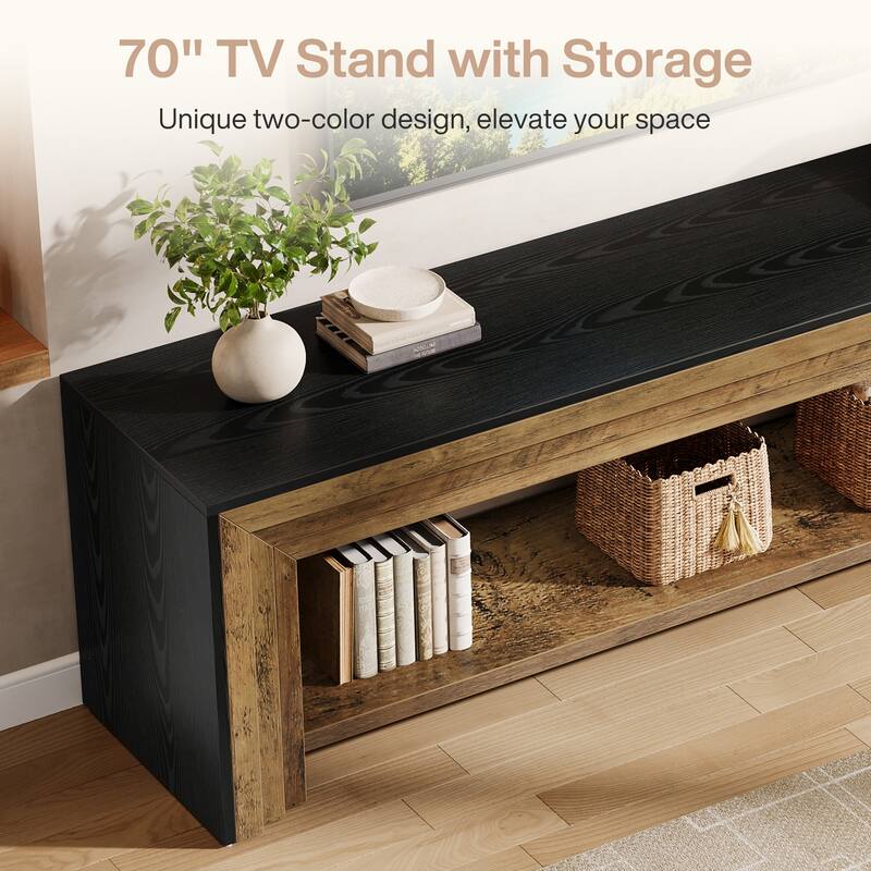 Long TV Stand for TVs, Wooden Entertainment Center with Storage Shelves, Low Media Console for Living Room, Bedroom