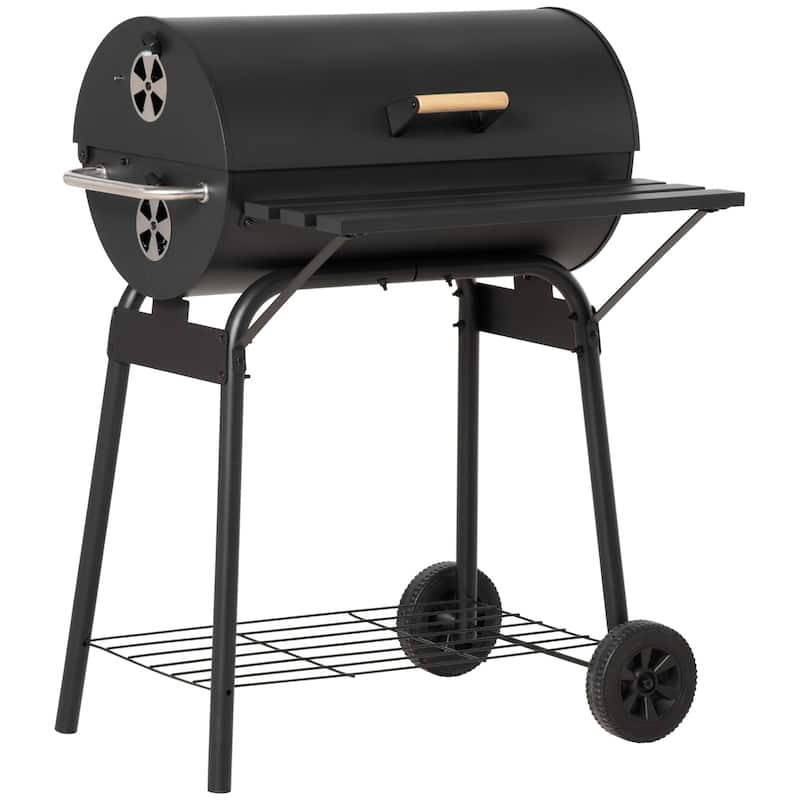 30" Portable Barrel Charcoal BBQ Grill, Steel Outdoor Barbecue Smoker with Storage Shelf, Wheels - Assembly Required