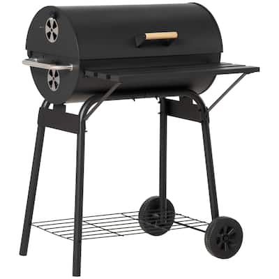 30" Portable Barrel Charcoal BBQ Grill, Steel Outdoor Barbecue Smoker with Storage Shelf, Wheels