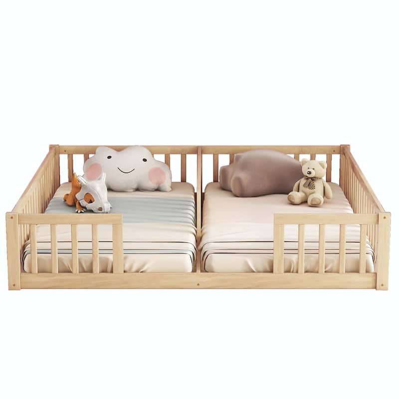 Double Twin Floor Bed with Fence and Guardrails, without door