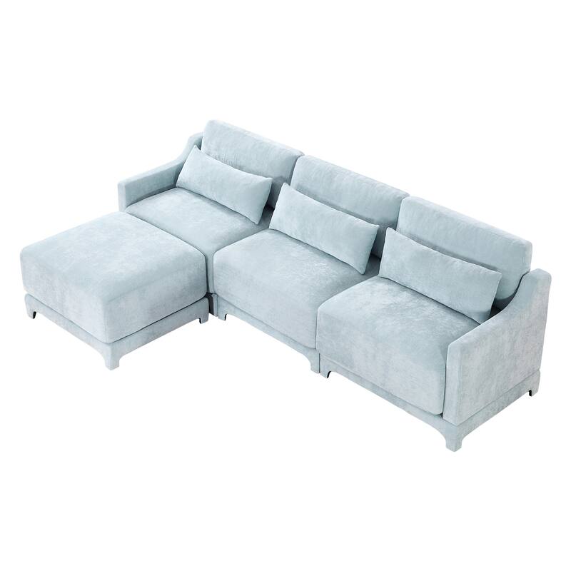 Modern Chenille 4-Seater Sofa with 2 Ottoman, Lumbar Cushions, Ergonomic Backrest, High-Resilience Spongeand Tufted Armrests