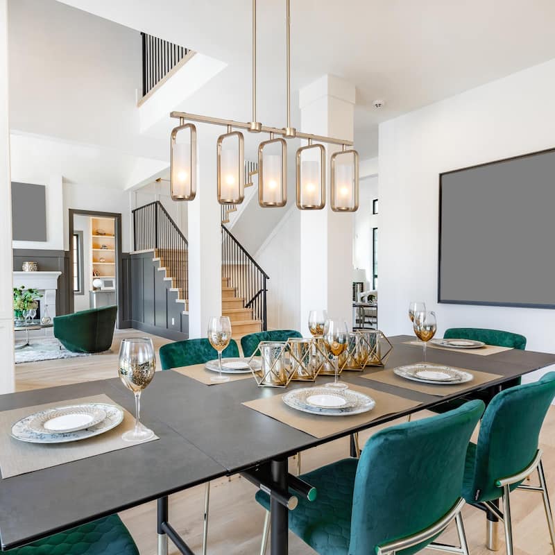 Siya Modern 5-Light Gold Linear Metal Chandelier with Frosted Glass for Kitchen Island Dimmable Pendant Lights