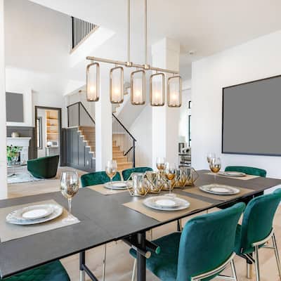 Siya Modern 5-Light Gold Linear Metal Chandelier with Frosted Glass for Kitchen Island Dimmable Pendant Lights