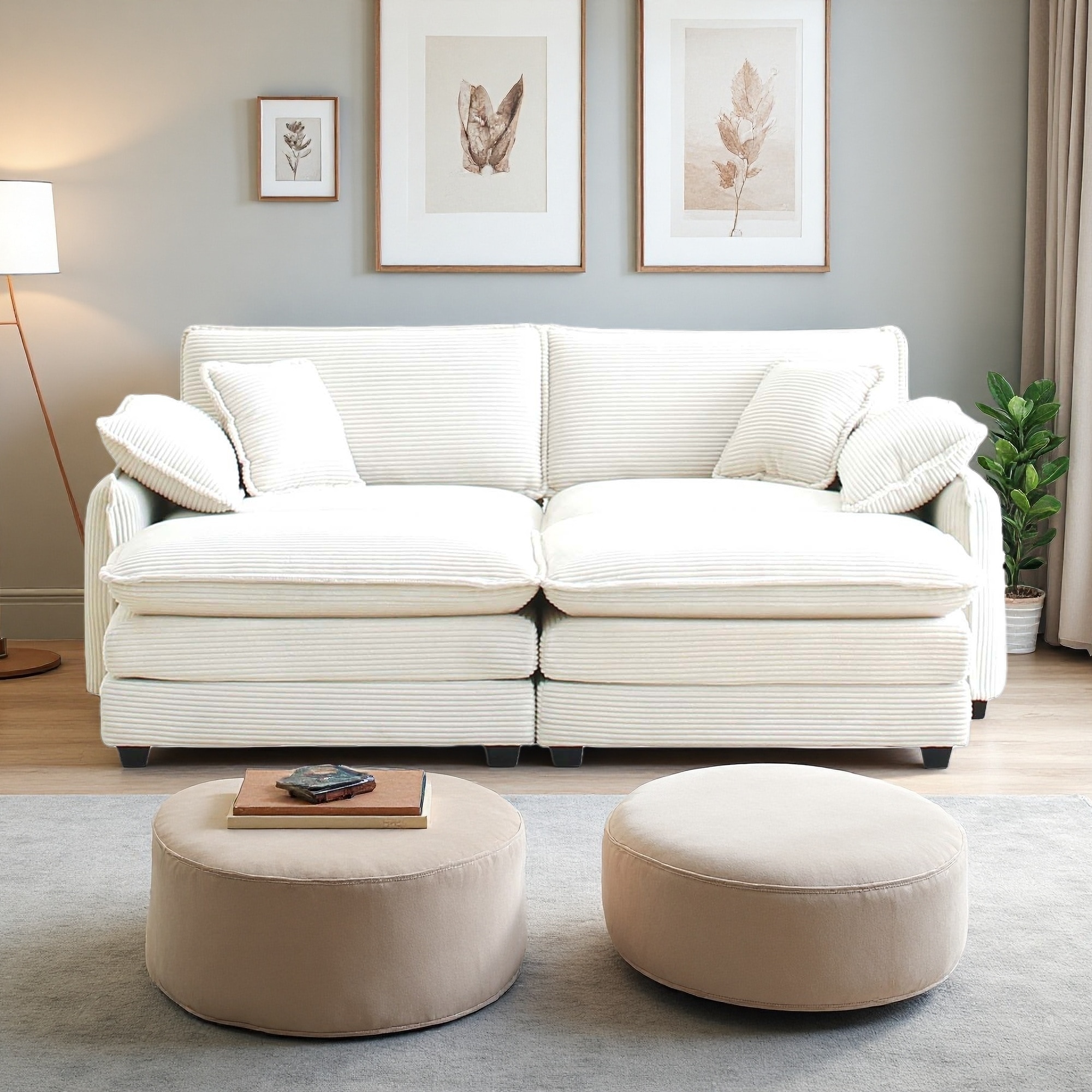 81" Corduroy Modular Sectional Sofa with 2 Ottoman Footrests (2-Seater)