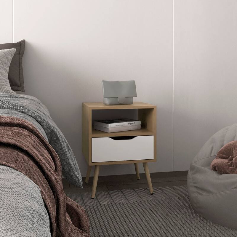 Wooden Nightstand with Single Drawer, Bedroom Coffee Table with Open Shelves, Sofa Side Table with Solid Wood Legs - Natural Wood