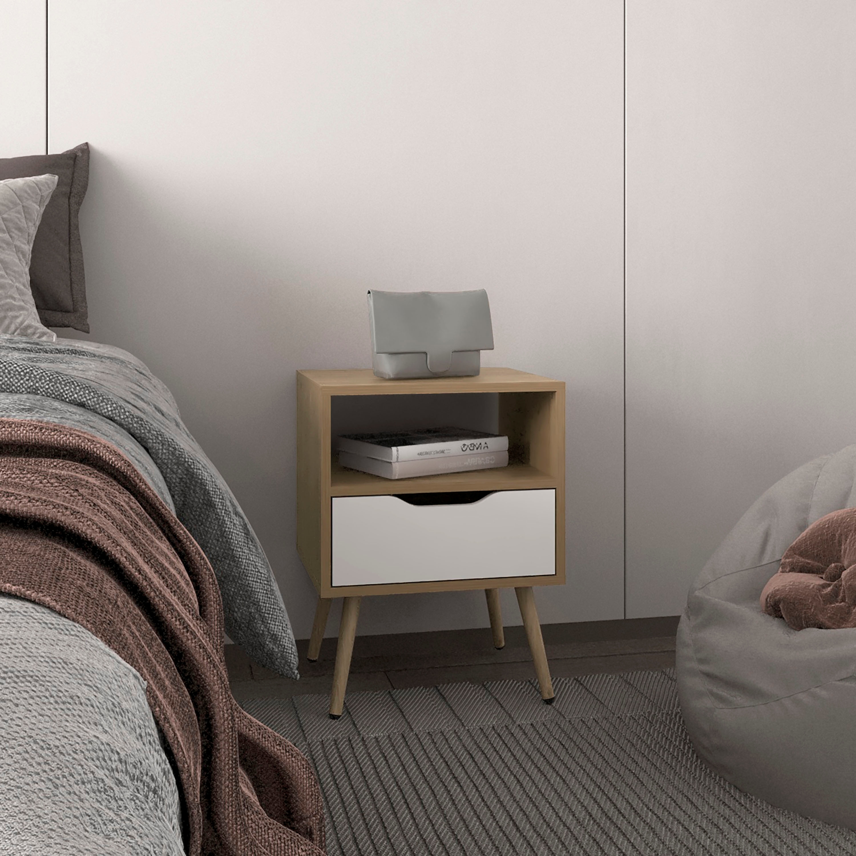 Wooden Nightstand with Single Drawer, Bedroom Coffee Table with Open Shelves, Sofa Side Table with Solid Wood Legs