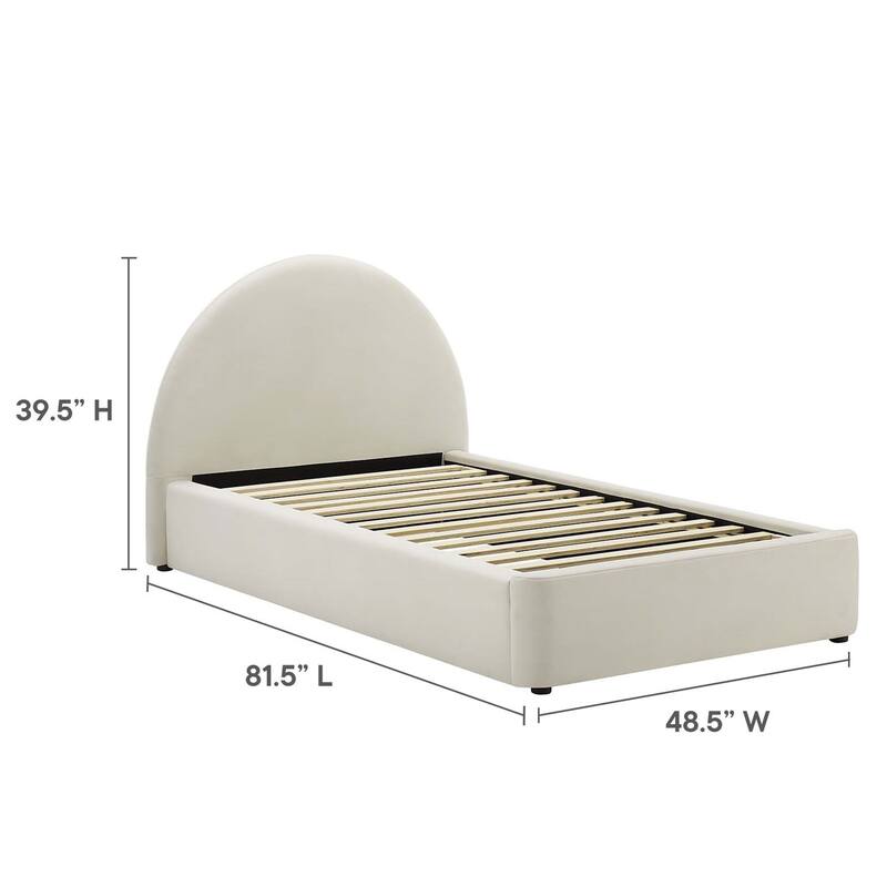 Palmetto Modern Round Headboard Off-white Velvet Upholstered Twin Size Platform Bed
