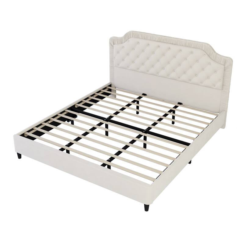 Full/Queen/King Size Upholstered Platform Bed Velvet Fabric Bed with Ruched and Button Tufted Headboard, Solid Wood Bedframe