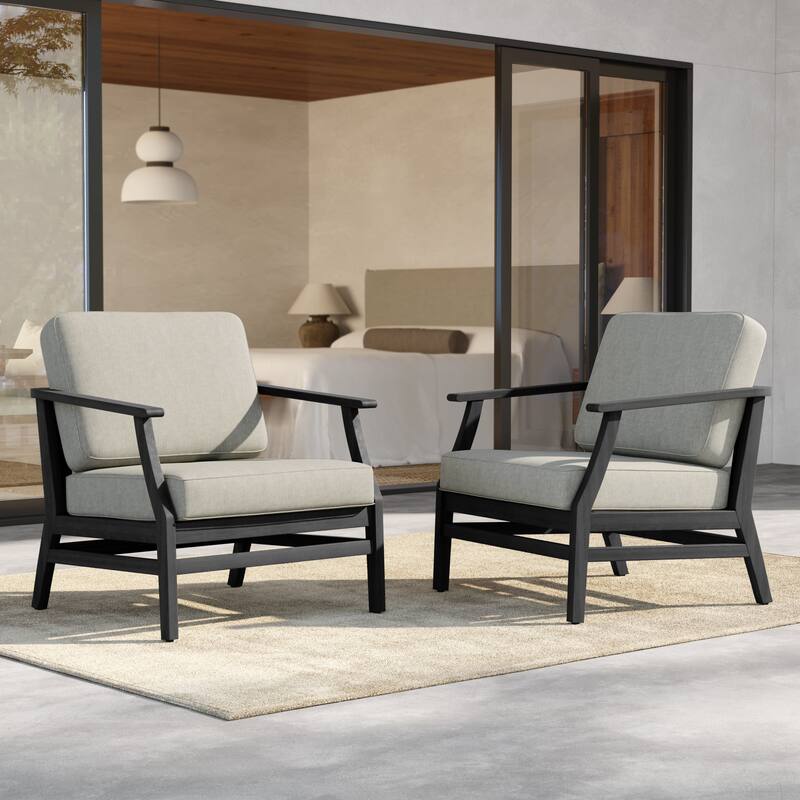 Outdoor Teak Wood Club Chairs with Cushions (Set of 2) - BlackFrame-Light Camel