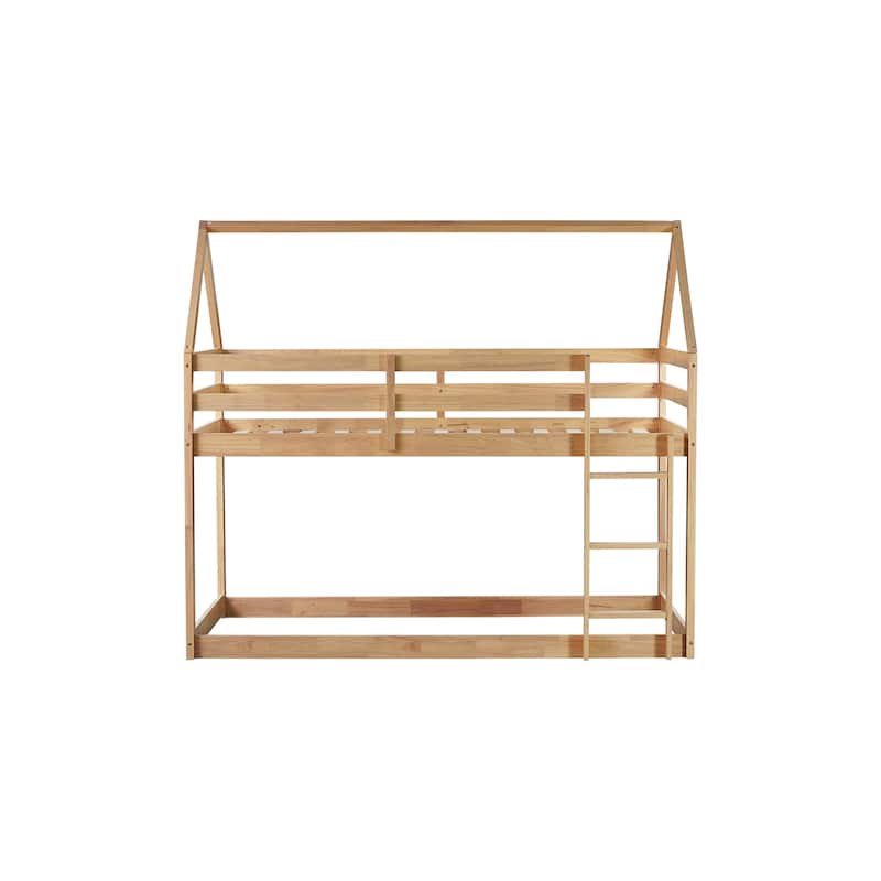 Twin Over Twin Floor Bunk Bed with Shaped Design Ladder & Guardrails (200lb Capacity)