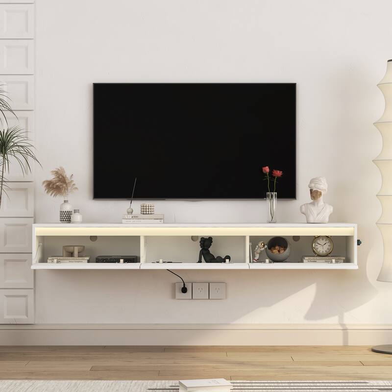 Modern Floating Wall-Mounted TV Stand High-Gloss TV Stand with LED Lights and Power Outlet, for Living Rooms