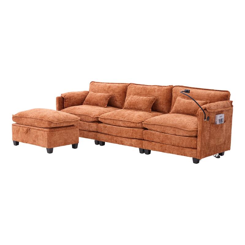 Modern Chenille Chaise Couch L-shaped Sectional Sofa with Storage Ottoman, Phone Holder, USB/Type-C Ports and Side Pockets