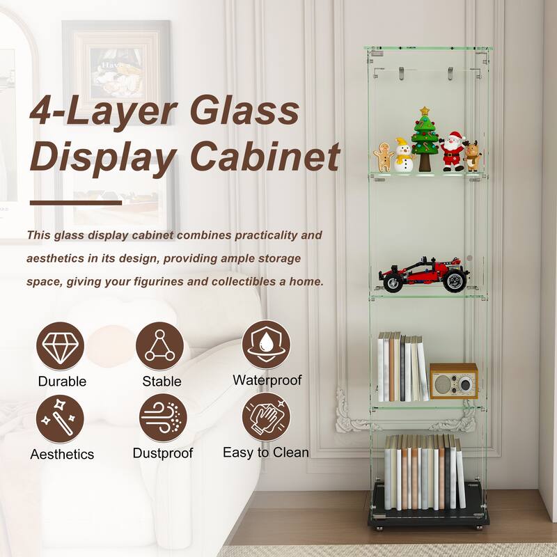 Roomfitters Glass Display Cabinet with Lighting, 4 Tier Curio Case for Collectibles, Floor Standing Showcase, Black