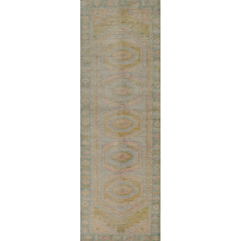 Hand Knotted Oriental 100% Wool Carpet Transitional Geometric Navy Blue & Blues Oushak Runner Rug - 11' 6'' X 2' 9''