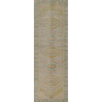 Hand Knotted Oriental 100% Wool Carpet Transitional Geometric Navy Blue & Blues Oushak Runner Rug - 11' 6'' X 2' 9''