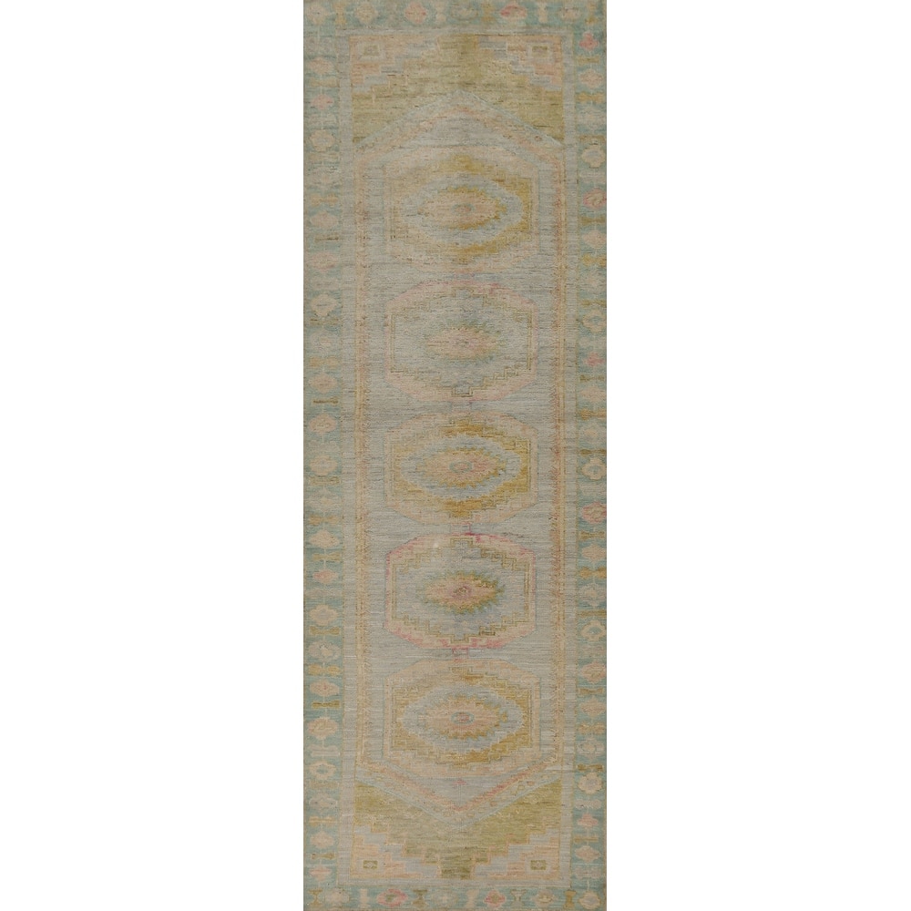 Hand Knotted Oriental 100% Wool Carpet Transitional Geometric Navy Blue & Blues Oushak Runner Rug - 11' 6'' X 2' 9''