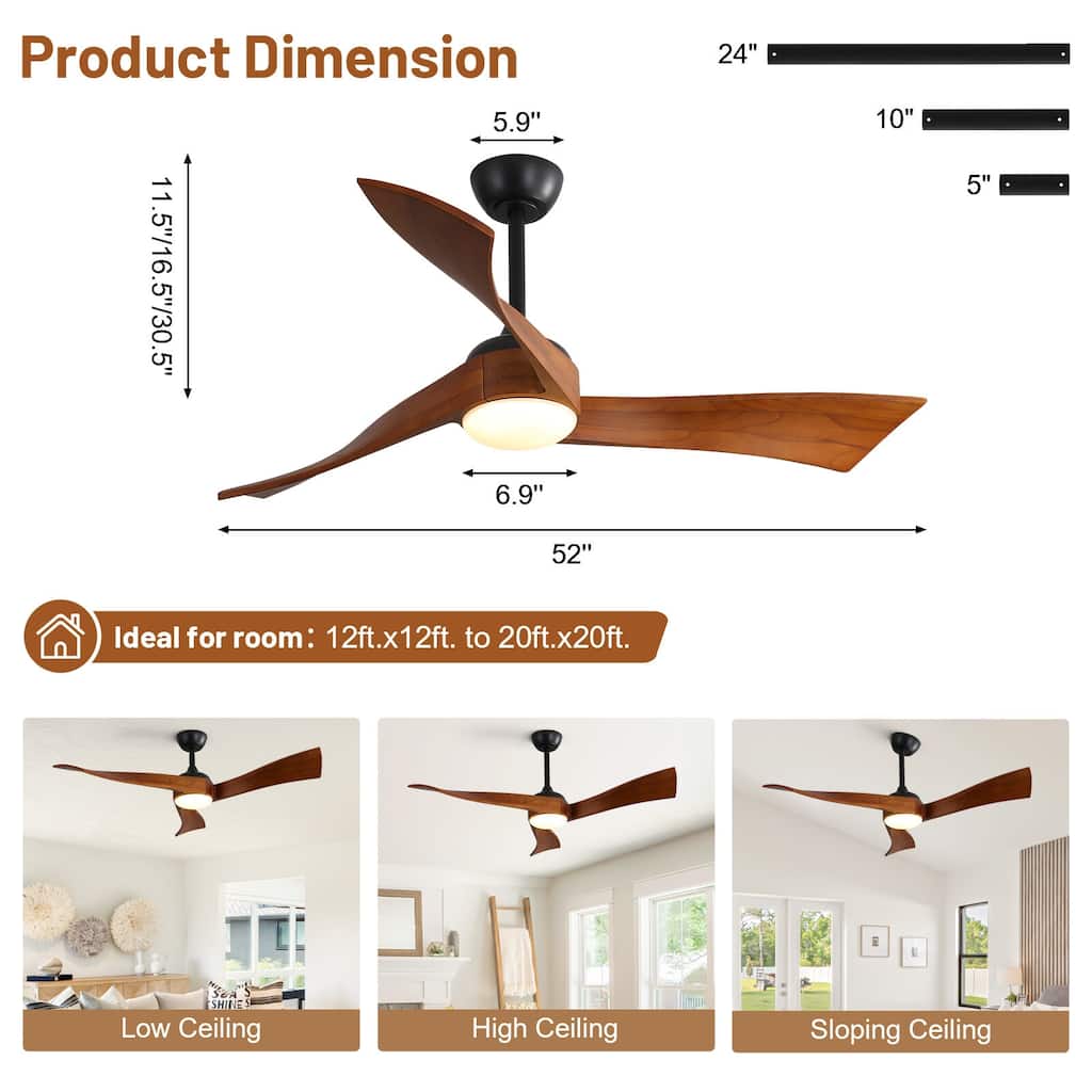 Sofucor 52 Inch Farmhouse Indoor&Outdoor Ceiling Fan with Remote,LED Light Optional