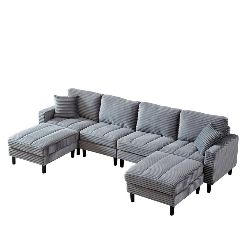 122.5" Corduroy U-Shaped Sectional Sofa with Ottomans & Pillows
