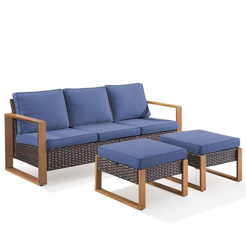 Gymojoy PE Wicker Patio Sofa Sectional Sofa with Ottoman - Brown