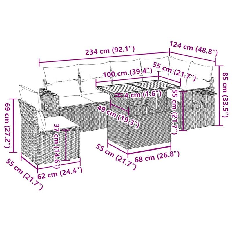 vidaXL Patio Sofa Set with Cushions Table and Lounge Sofas 7 Piece Poly Rattan - 21.7 x 39.4 x 28.7