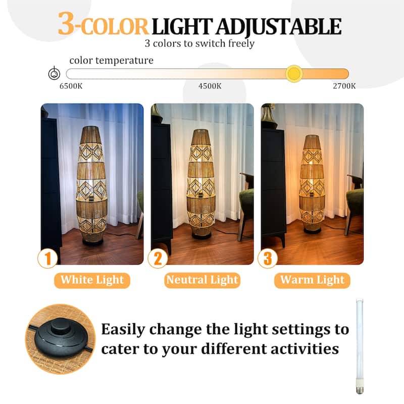 Boho Rustic Hand-Woven Rattan Corner Floor Lamp Night Light with Led Light Bar - 7.09x36.61 inch