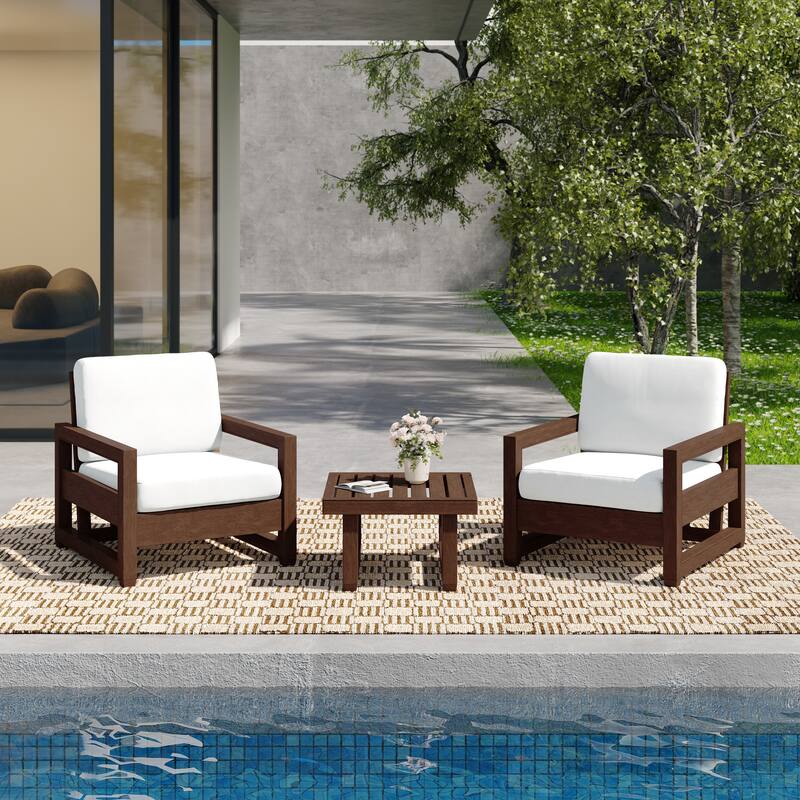 3-Piece Teak Wood Chair Outdoor Patio Conversation Set with Table - Dark Wood - Beige