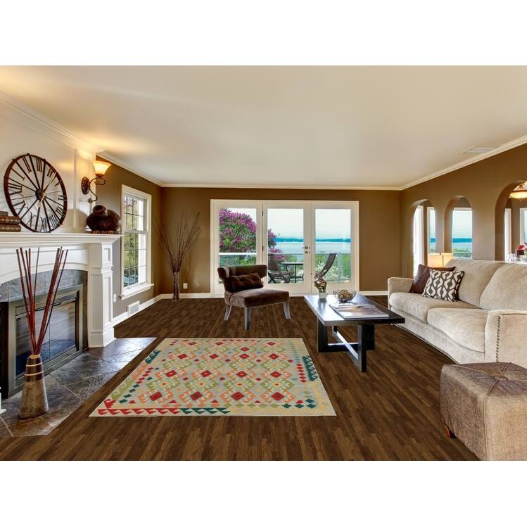 Hand Woven Oriental 100% Wool Carpet Southwestern Geometric Multi-Colored Kilim Area Rug - 8' 1'' X 5' 1''